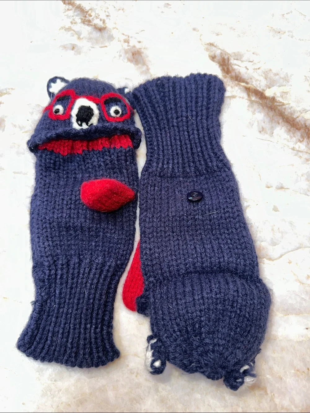 Joules Navy Mittens with Red Bear Details